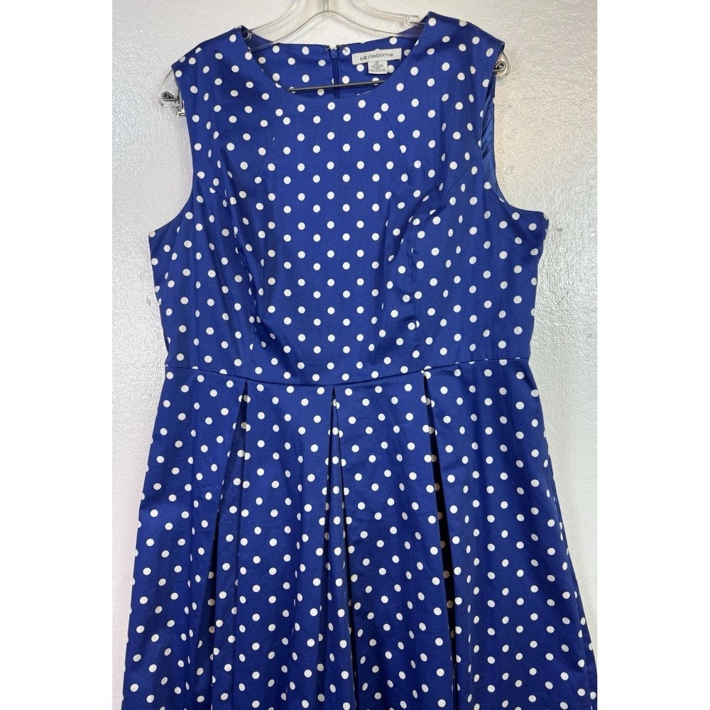 LIZ CLAIBORNE Dress Sz 16 Blue White Polka Dot Flair Sleeveless Stretch Cottage - Picture 4 of 7